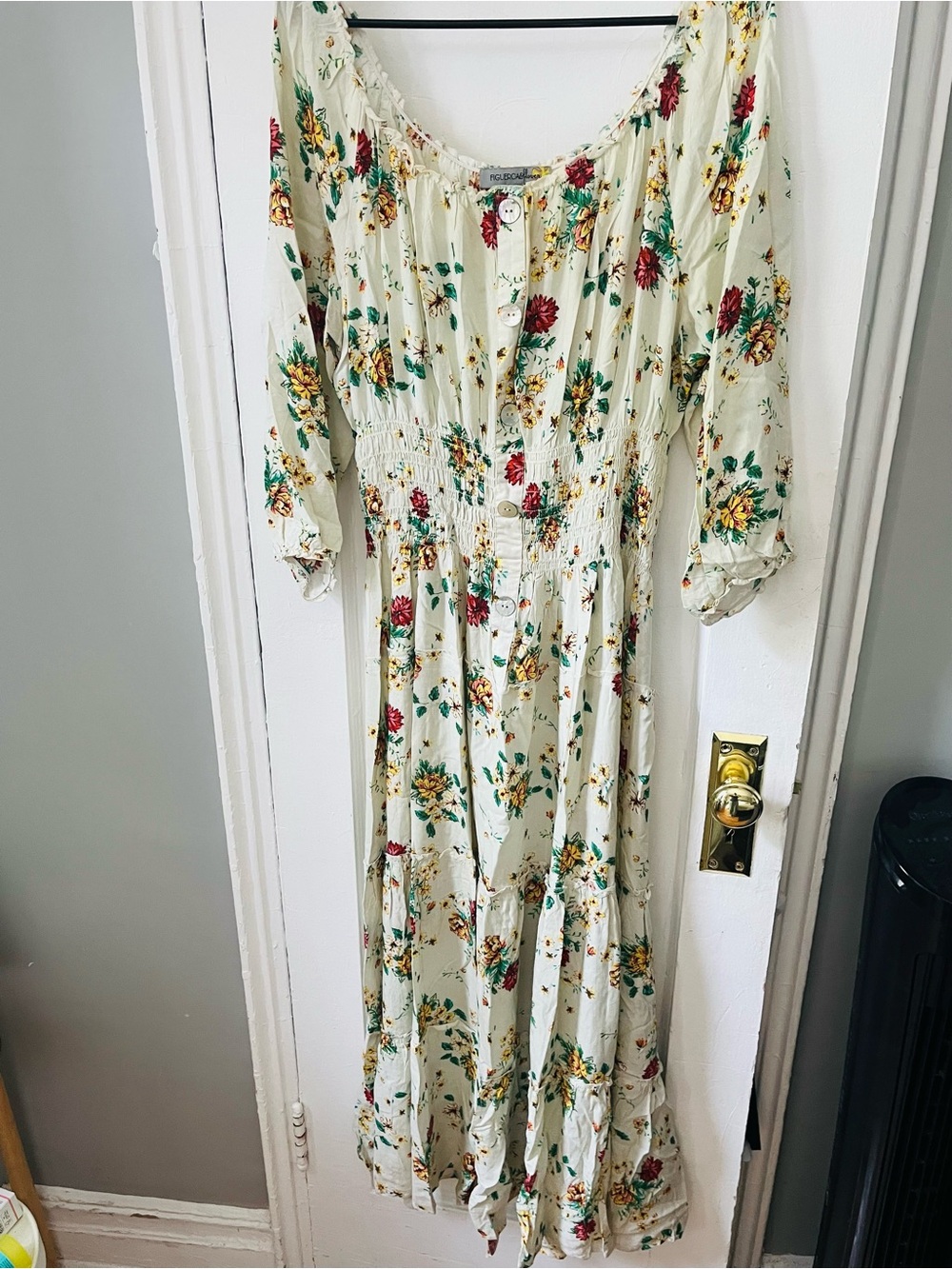 Boho Floral Maxi Dress in Cream with Red & Yellow Blooms